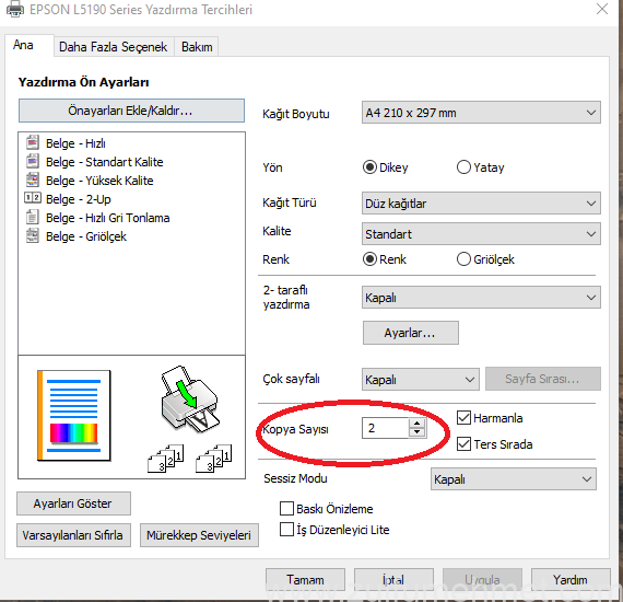 Yazıcıdan Çıktı Alırken İki Yada Daha Fazla Kopya Alma